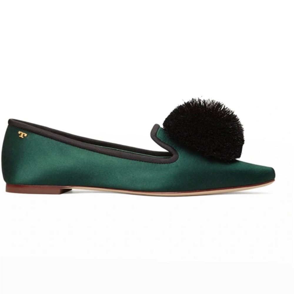NWT Tory Burch Satin Pom Pom Smoking Loafers in Emerald Green, Brand New in box - Picture 3 of 13